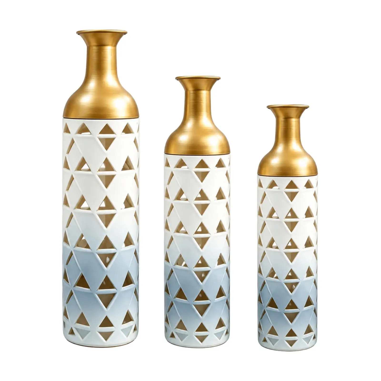 3 Pieces Geometric Cutout Vase Gold Openwork Metal Vase Contemporary Glam for Living Room, Entryway