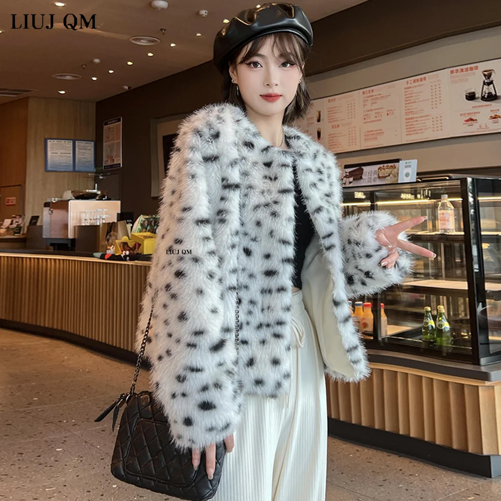 Korea Fluffy Leopard Fur Jacket Winter Women Round Neck Short Faux-Fox Fur Coats Casual Outwear Female Thick Warm Plush Overcoat