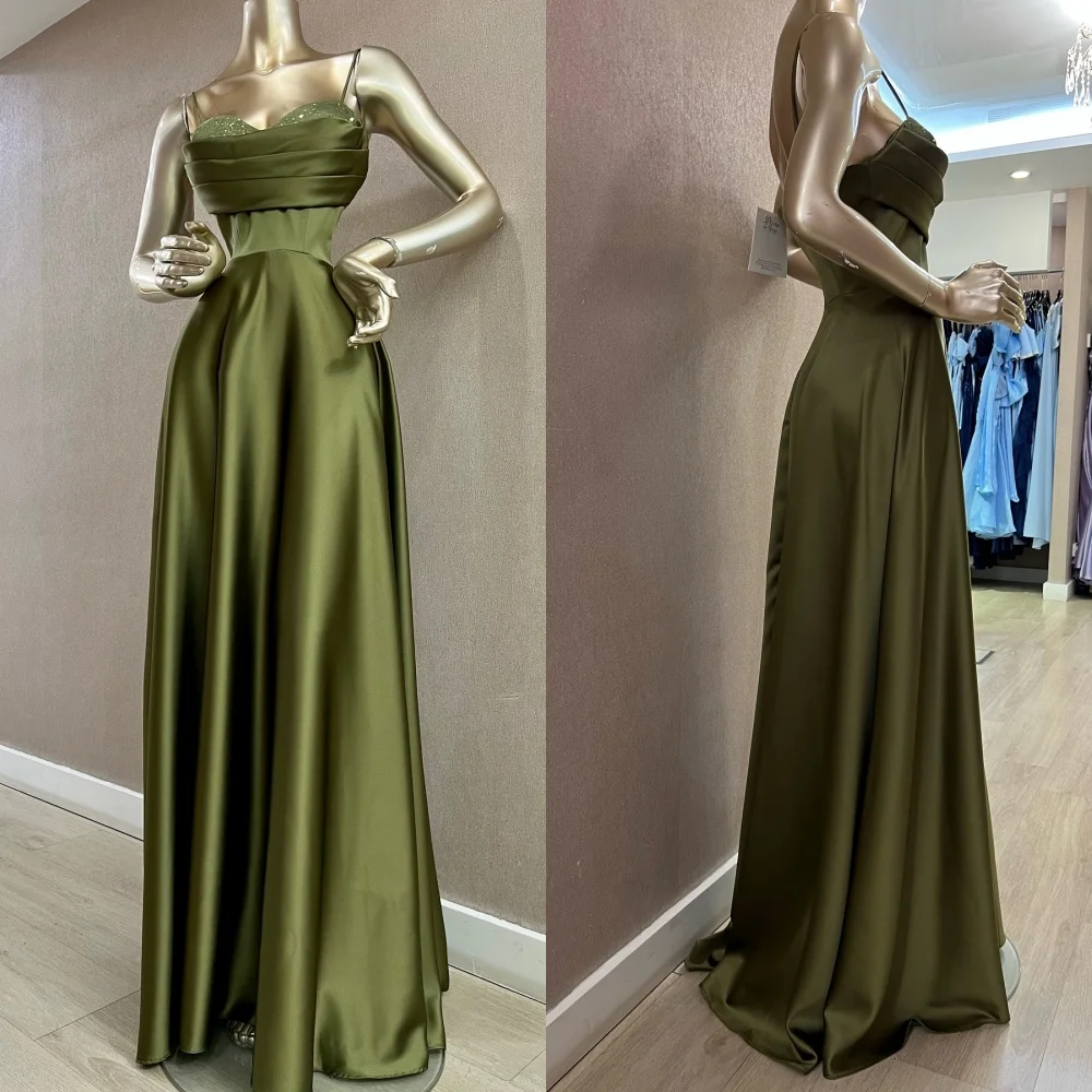 

Customized Sexy Dark Green Satin Evening Dress Exquisite Strapless Spaghetti Straps Sleeveless Zipper Back Homecoming Dress