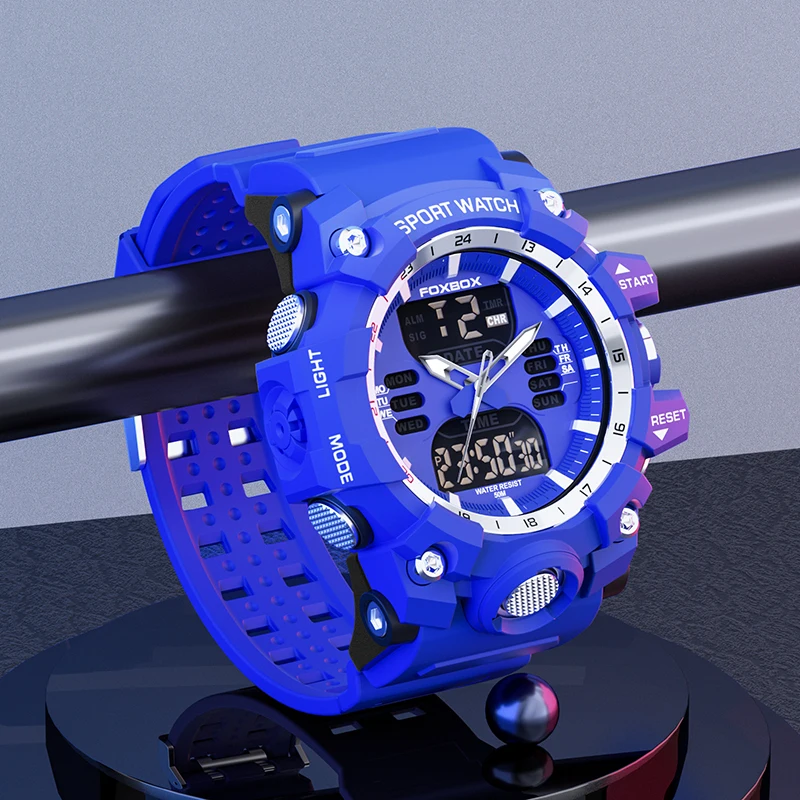 

FOXBOX Electronic Man Watch Fashion Silicone 50m Waterproof Casual Sports Dual Time Display Quartz Alarm Week Date Men's Watches