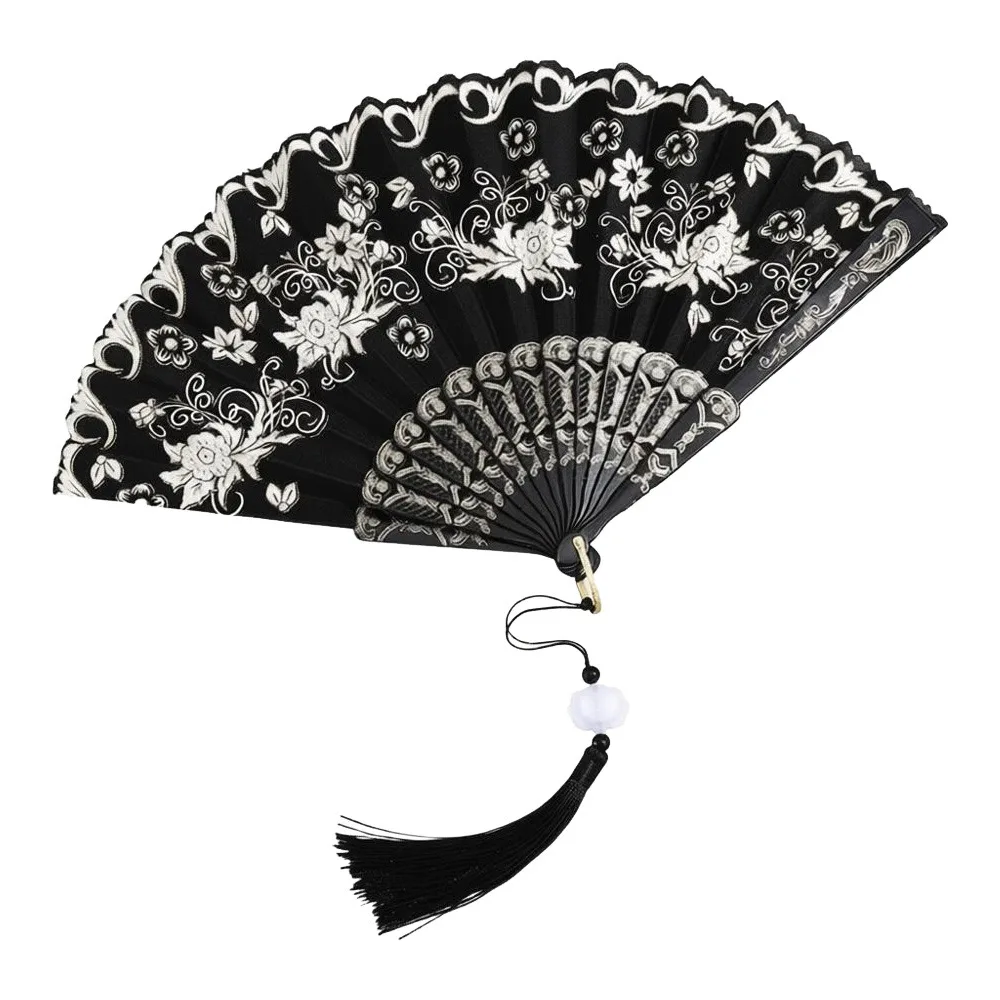 Elegant with Tassel Vintage Silk Folding Fan Flower Carving Hot Stamping Dance Hand Fan Chinese Style Fan Home Decoration