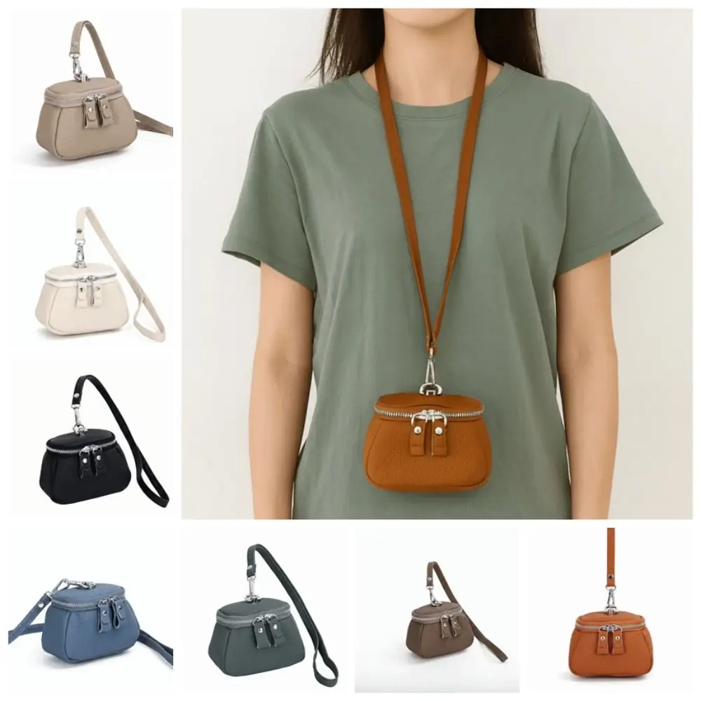 Solid Color Hanging Neck Coin Purse Lipstick Earphone Pouch Makeup Storage Lanyard Wallet Purse Genuine Leather Mini Storage Bag