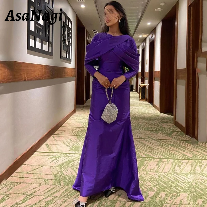 

AsaNagi Elegant Mermaid Prom Gowns Women's Purple Satin Long Sleeve Party Evening Gown Saudi Floor Length Special Occasion Dress