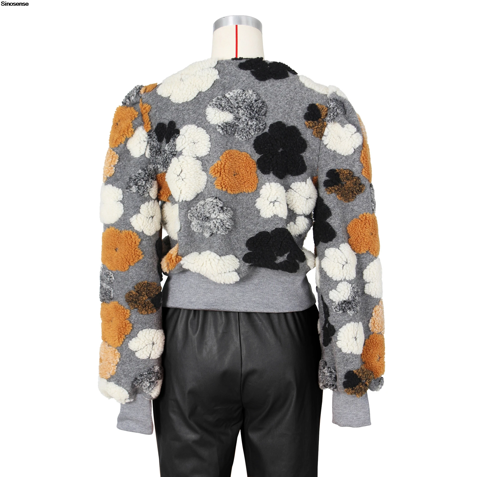 Women\'s Cropped Floral Print Bomber Jacket Long Puff Sleeve Button Down Coat Outerwear Street Fall Winter Fleece Sherpa Jacket