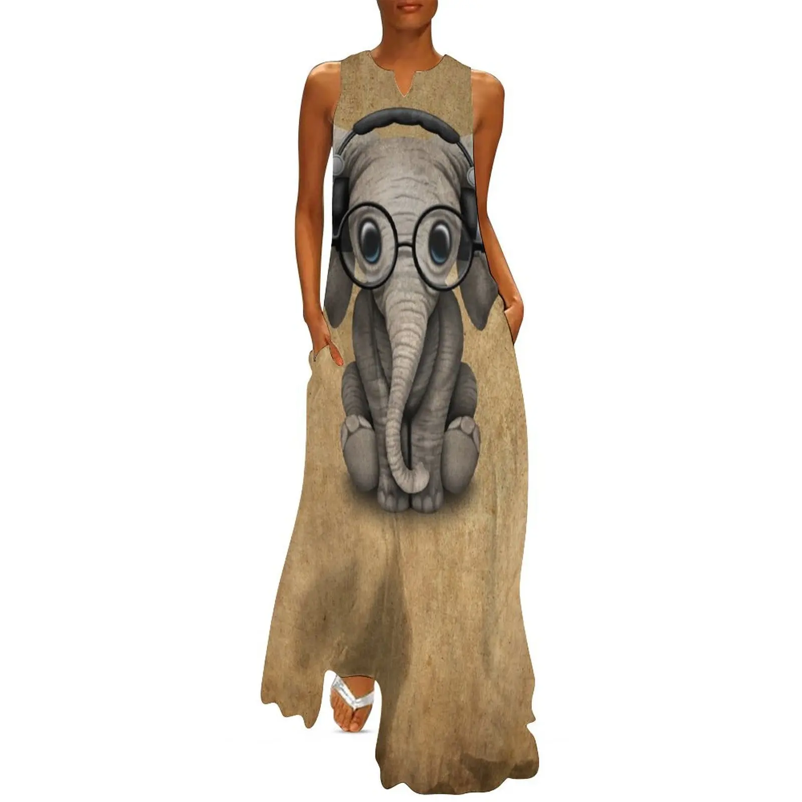 

Cute Baby Elephant Dj Wearing Headphones and Glasses Long Dress evening dress women Evening dresses Woman"s evening dress