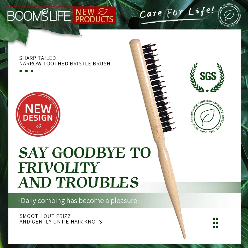 Professional Boar Bristle Hairbrush Slim Line Fluffy Comb Wood Salon Back Teasing Hair Comb Extension Hairdressing Styling Tools