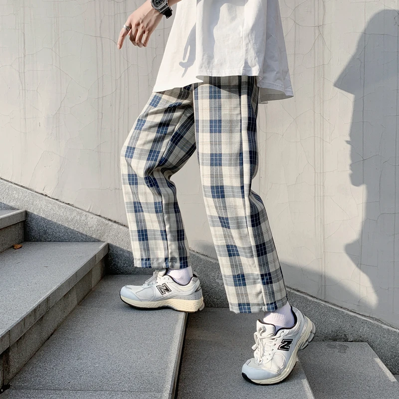 

2023 Black men Plaid Pants Casual Oversize Loose Wide Leg Trousers Retro Teens Harajuku Hip-hop All-match Streetwear A201