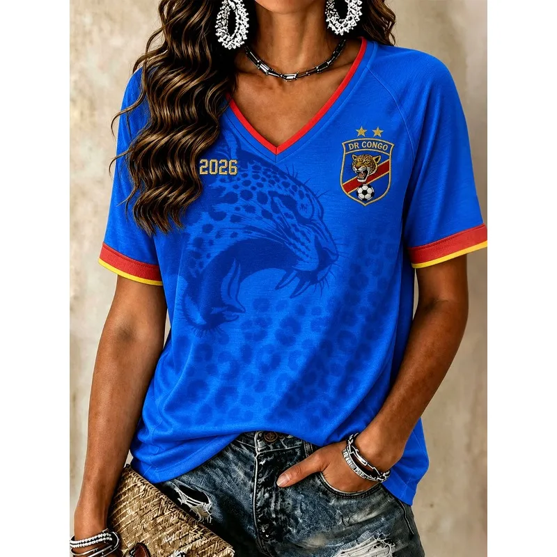 2026 Family Matching DR Congo Leopard Pattern Themed Football Jersey Breathable Quick-Dry Soccer Fans Casual V-Neck Soccer Tee
