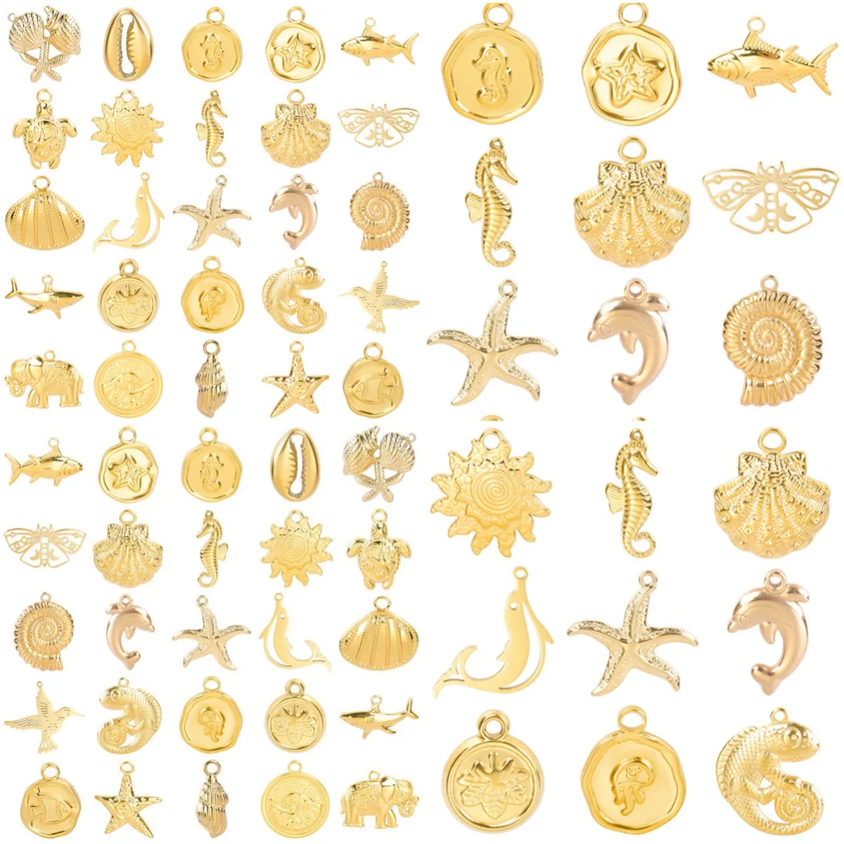 5pcs/Lot Stainless Steel Gold Color Marine Animals Shell Starfish Charms Turtle Shark Butterfly Charm Pendant For Jewelry Making