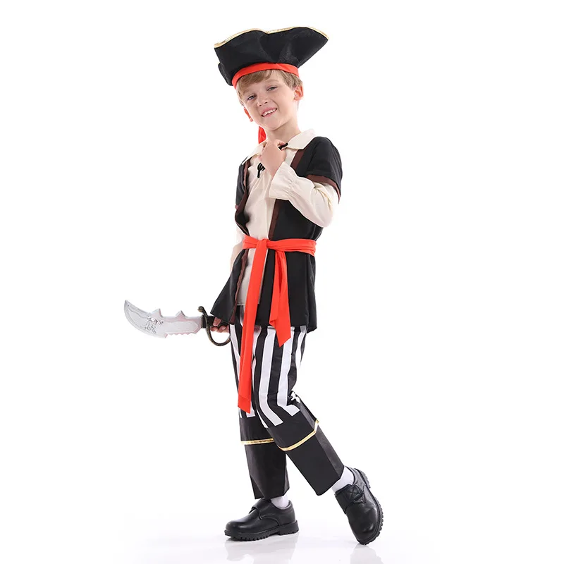 Caribbean Halloween red pirate Cosplay Black Suit Costumes Carnival Party for kid Ocean Captain