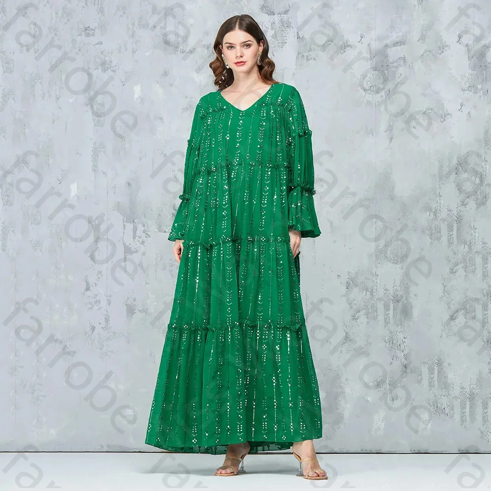 

Customized Green Evening Dresses Arabic Prom Party Gowns Long Puffy Sleeves Sequined Wedding Guest Gowns Middle East Sequined