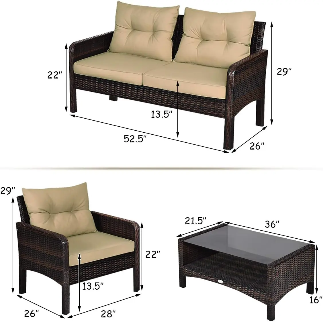 4-Piece Outdoor Wicker Conversation Set with Glass Table, All-Weather Cushions for Porch, Garden, Poolside