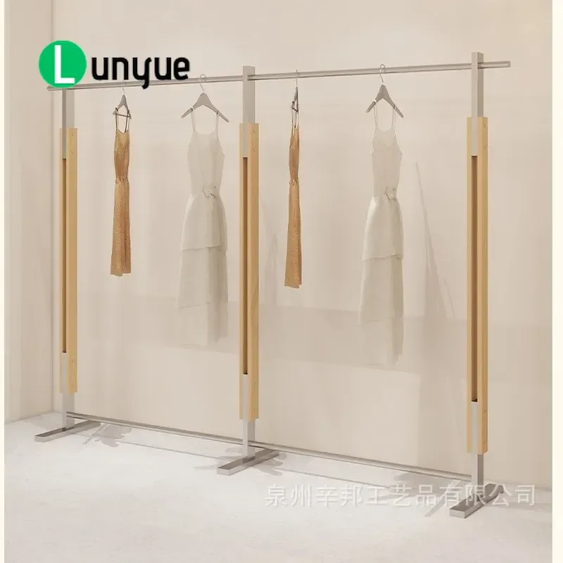 Simple Stainless Steel Floor to Ceiling Clothing Display Rack Log Wind Style Hanger Shelf for Men Women Garment Store