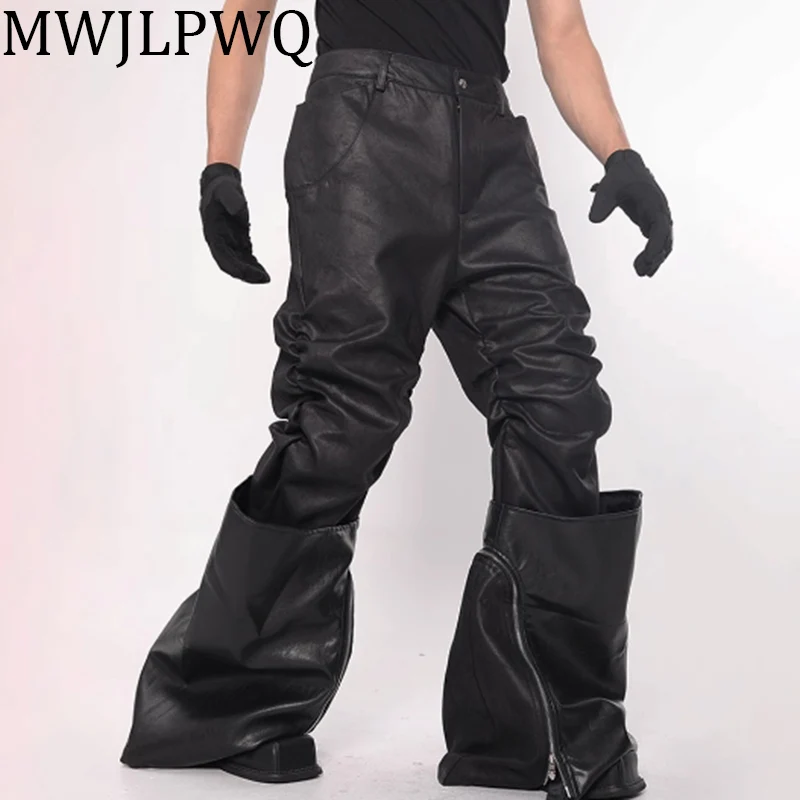

MWJLPWQ American Retro Pleated Stacking Leather Pants High Street Hiphop Slimming Casual Flared Trousers 2025 Autumn New 010706