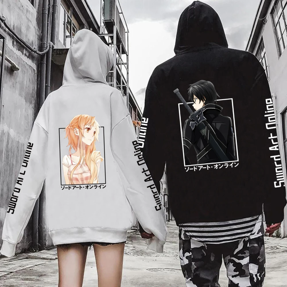 Anime sao espada arte on-line oversized feminino/masculino moletom com capuz kirito e asuna unissex pulôver com capuz roupas de casal