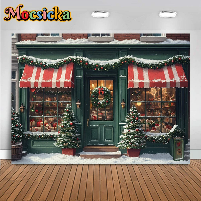 Mocsicka Christmas Shop Backdrops Photography Soft Washable Outdoor Tree Photo Backgrounds Wreath Gifts House Door Decors Banner