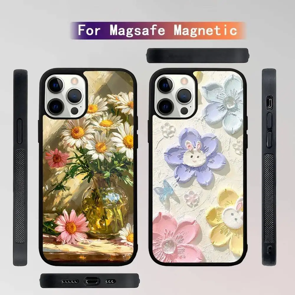 

retro oil painting flower Phone Case For iPhone 16,15,14,13,12,11,Plus,Pro,Max Mini Magsafe Magnetic Wireless Charging