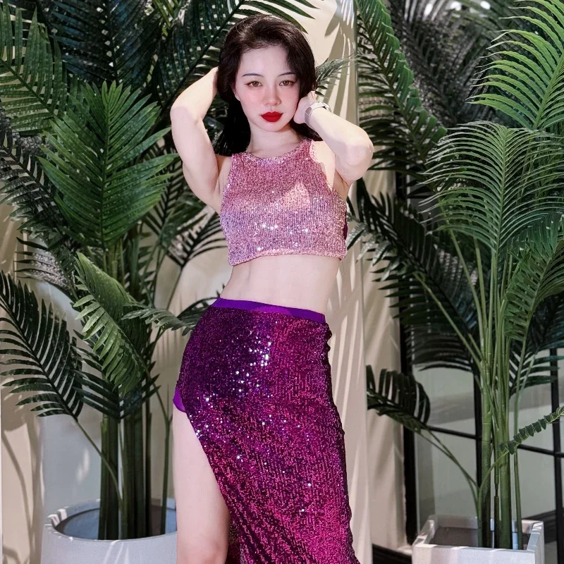 Trajes elegantes de danza del vientre para mujer, conjunto de actuación de lentejuelas Sexy avanzado, ropa de práctica profesional de bailarina del vientre