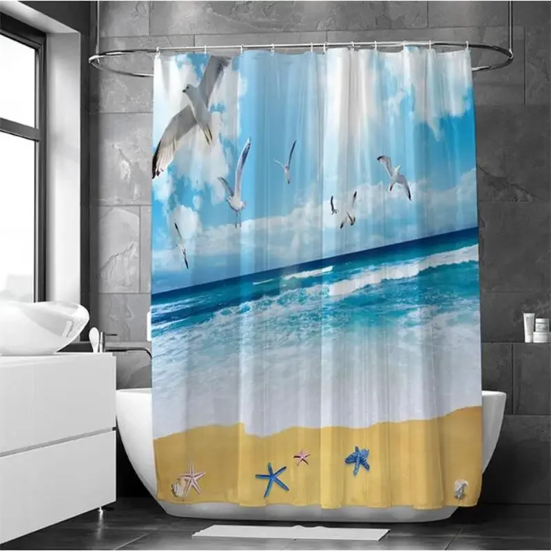 Marine Life Animal Shower Curtains Dolphin Starfish Sea Turtle Bird Beach Ocean Nature Landscape Wall Hanging Bathroom Decor Set