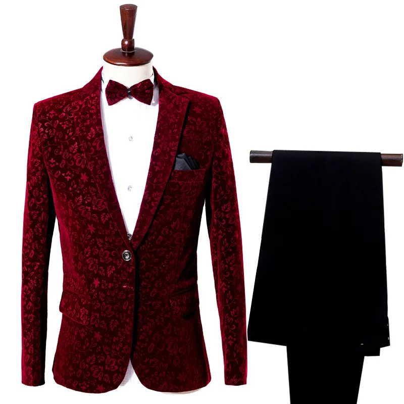 

Male Groom Dress Wine Red Dark Flower Adult Suit Set Stage Hosting Performance Suit Singer Photography Velvet Suit