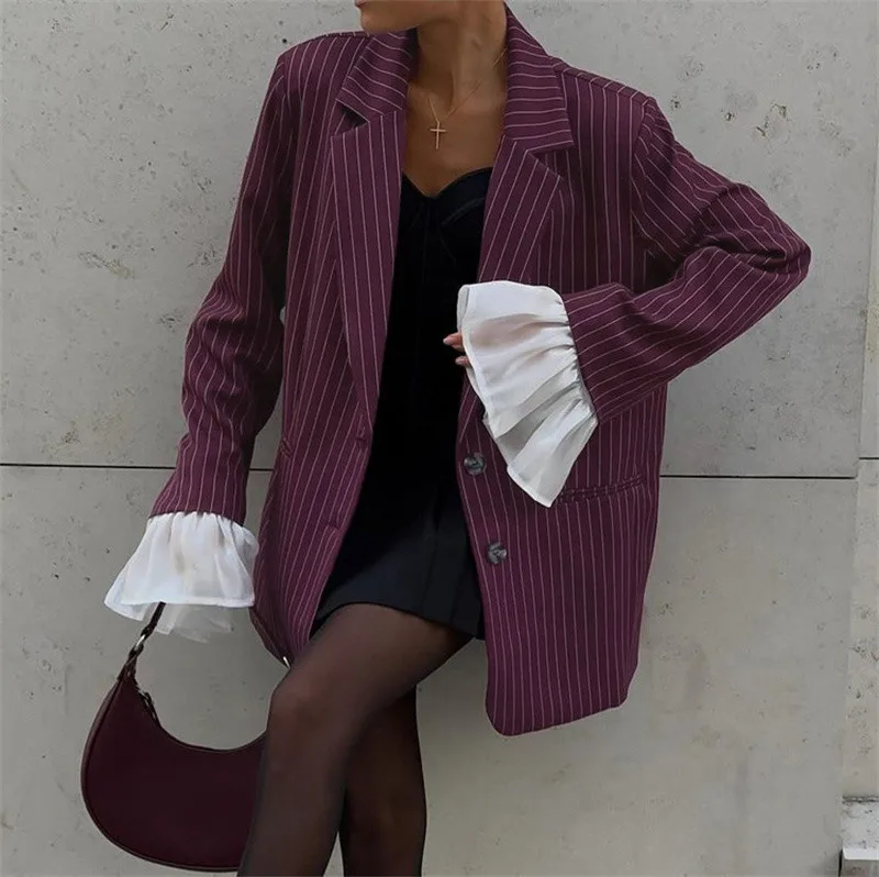 Women Elegant Striped Blazer Woman Lapel Long Flare Sleeve Suit Jacket 2025 Loose Casual Coat Female Fashion Spring Streetwear