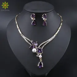 Luxury Dubai Jewelry Sets Purple Crystal Necklace Earrings Set for Women Bridal Jewelry set Accessories Gifts