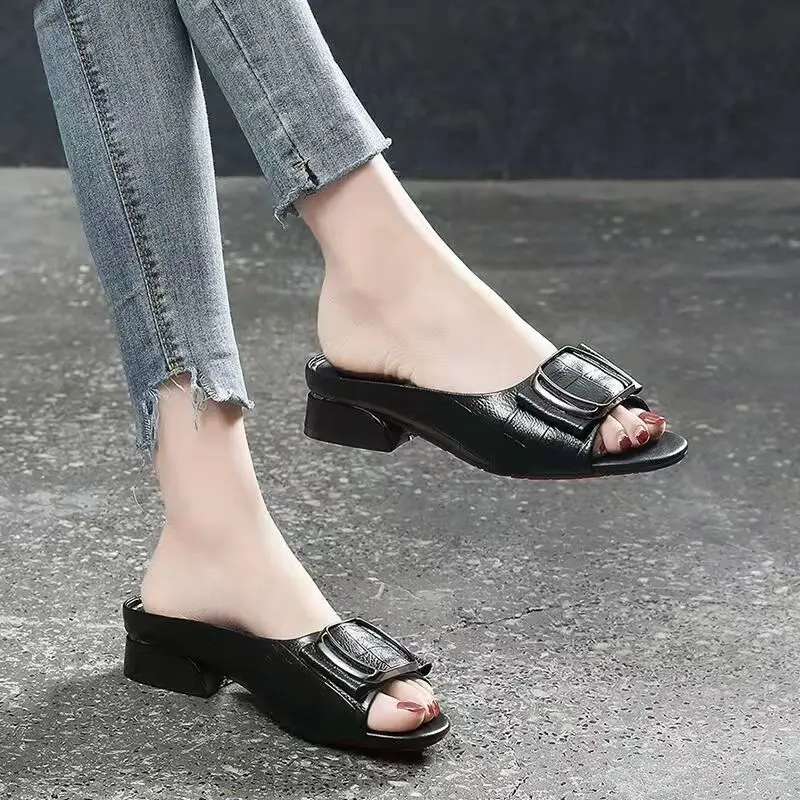 Plus Size Shoes for Women 35-41 Summer Fashion Square Buckle Casual Thick Heel Outdoor Daily Sandals Comfortable Slippers