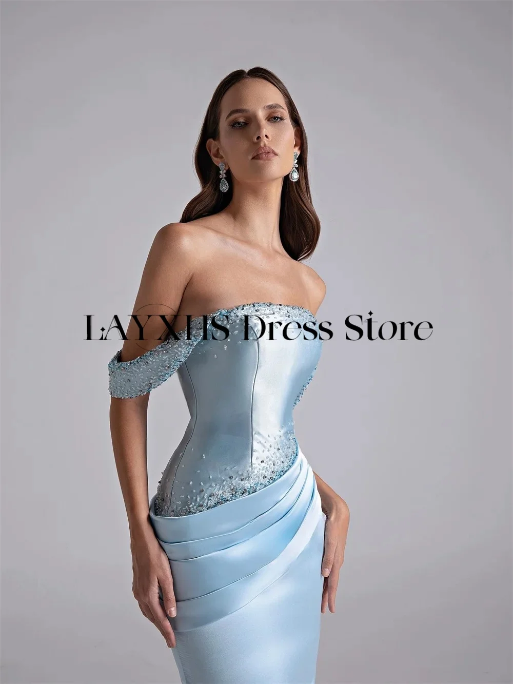 LAYXHS luxe perlé robe de soirée bleu hors de l'épaule sirène robe de bal robes de soirée personnalisées
