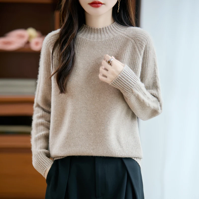 Exquisite 7GG dicke Stehkragen-Pullover mit Twist-Blume, weich, warm, 100 % Merinowolle, Strickwaren, schickes Glück, lässige Pullover-Oberteile