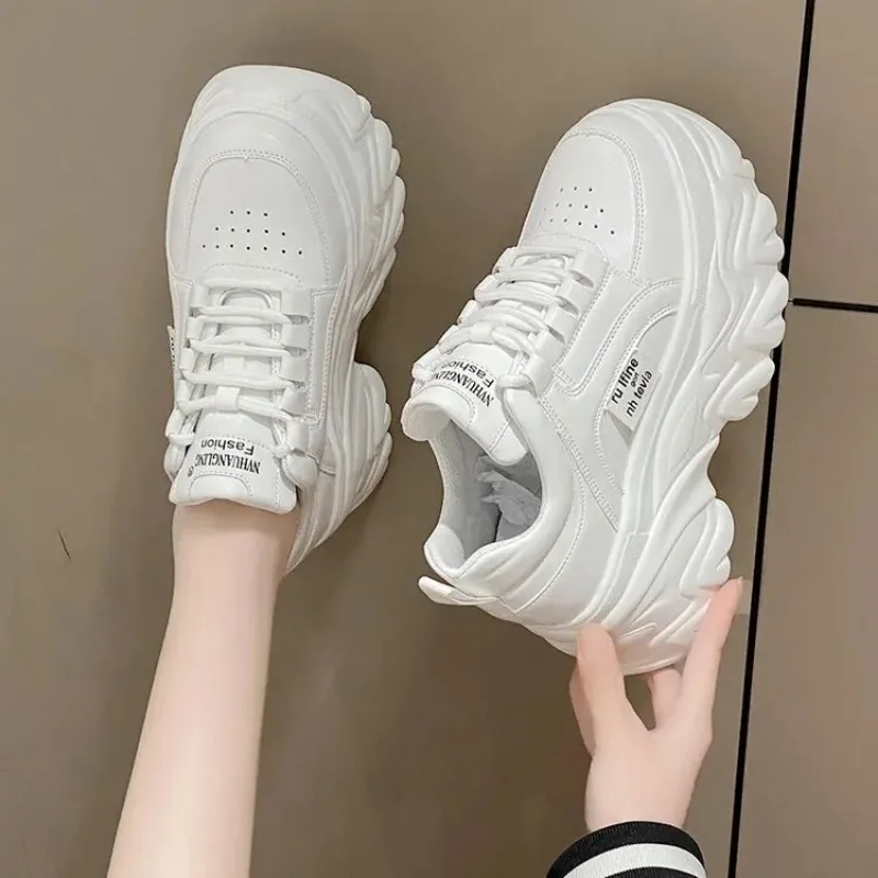 White Black Chunky Sneakers Women Spring Autumn Thick Bottom Shoes Woman\'s Fashion PU Leather Platform Sneakers Ladies Lace-up