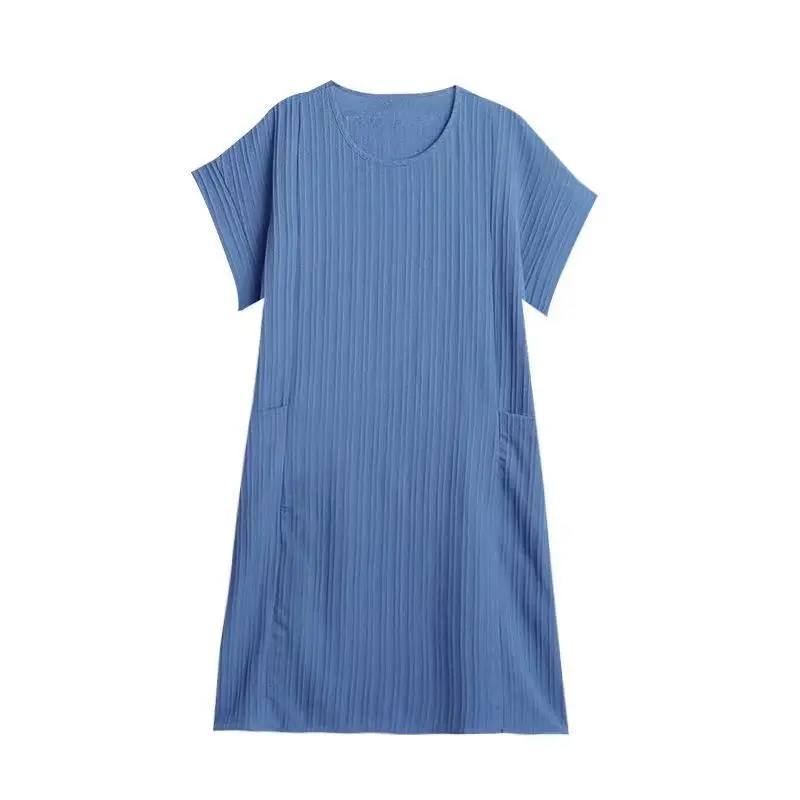 Tempérament d'été Patchwork couleur unie col rond manches courtes robes décontractées dames bureau dame poche t-shirt robe femmes vêtements