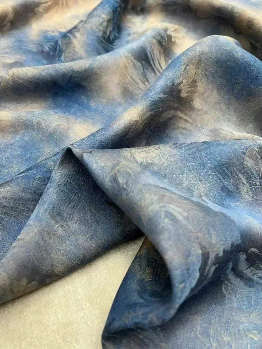 Gao Ding Blue Blooming Flower Rose Jacquard Fragrant Cloud Yarn Silk Fabric Cheongsam Dress Silk Fabric