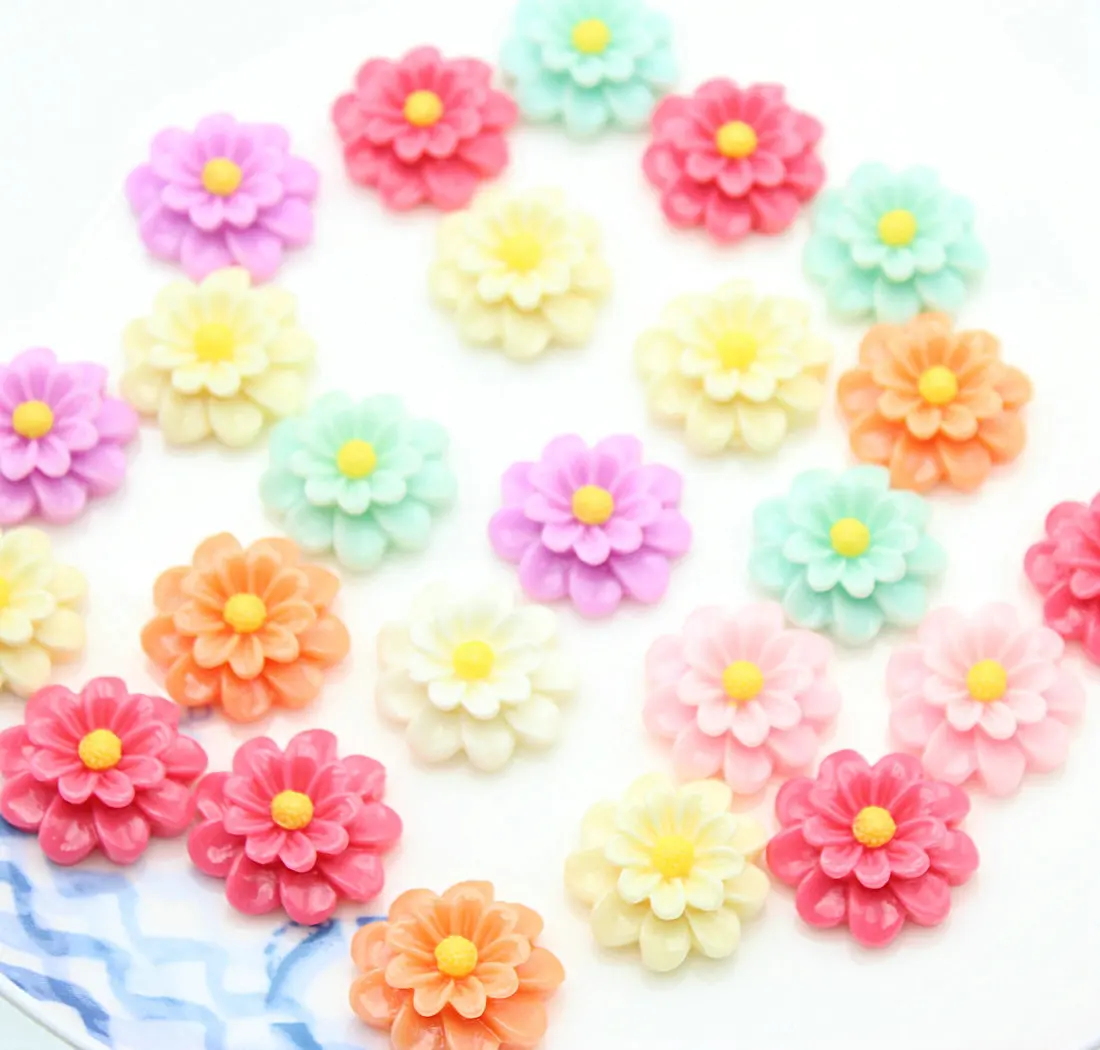 100pcs Resin Flower Cabochons - 25mm Antique Style Pastel Daisy Flower Flatback Resin Cabochons dahlia daisy