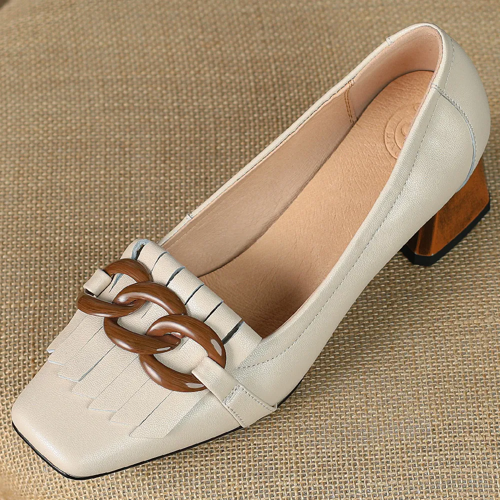 

Women's genuine leather thick med heel fronge chain square toe slip-on pumps elegant ladies OL style soft comfortable heels shoe