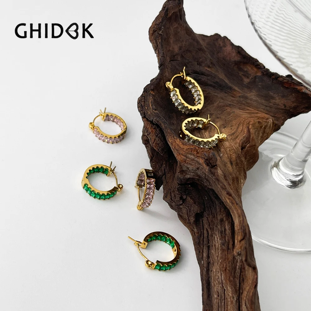 GHIDBK Multicolor 18K Pvd Gold Plated Baguette Cz Huggie Earrings for Women Stainless Steel Zircon Hoop Earring Tarnish Free