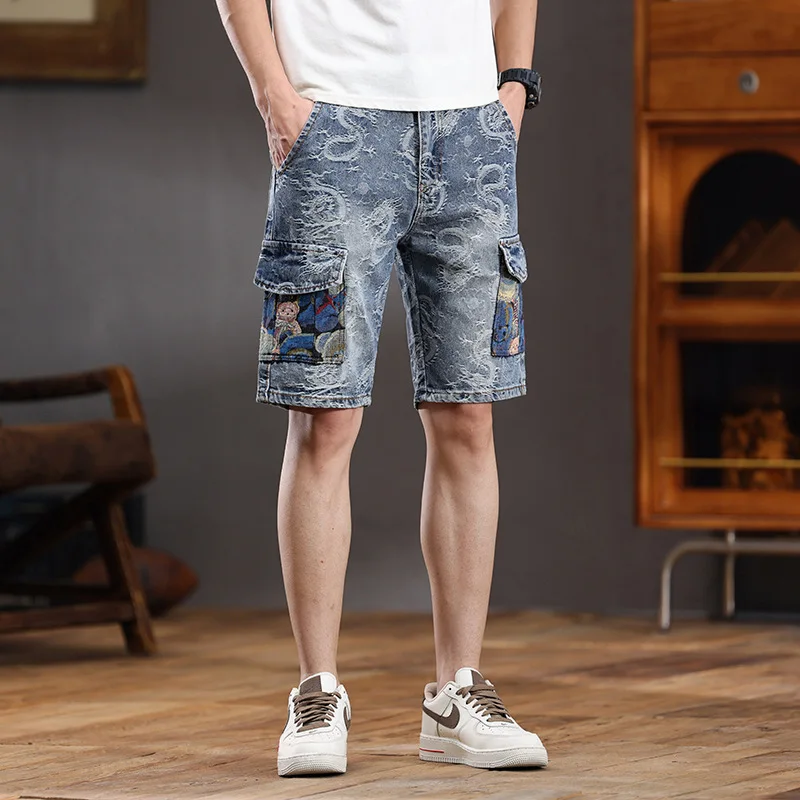 Denim Shorts Men's Summer Loose Straight Trend Embroidered Printed Chinese Fashion Multi-Pocket Street Shorts