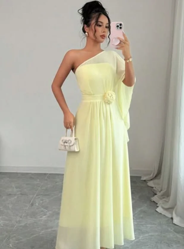 Alta qualidade personalizado tornozelo comprimento sem costas um ombro flor amarela feminino robe despeje mariage convidado Плаazoеtü kund©dheль