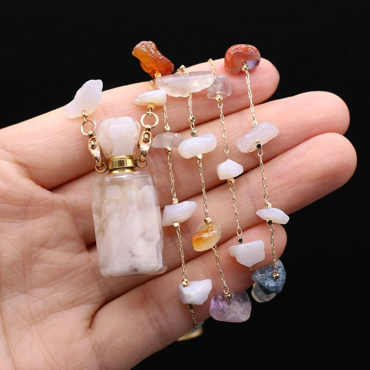 Natural Sakura Agate Perfume Bottle Necklace Charms Women Essential Oil Diffuser Pendant Necklace for Jewerly Party Gift