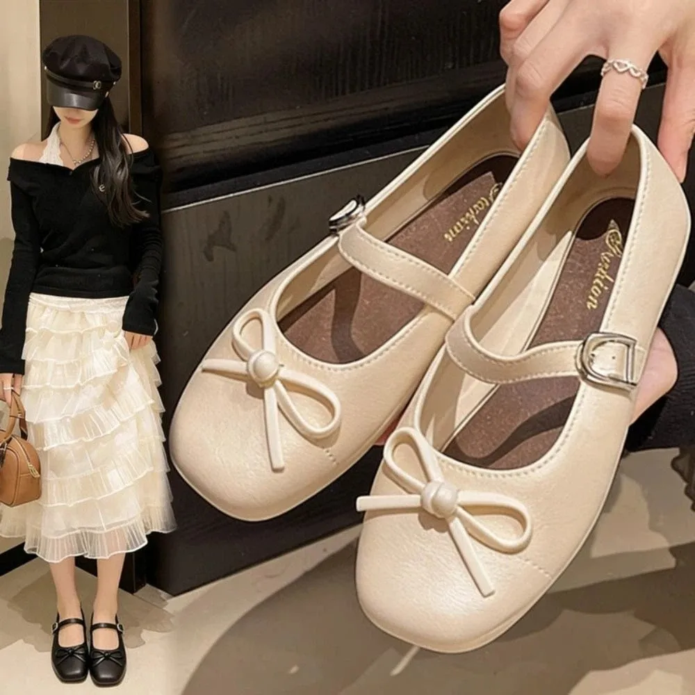 Sweet Women's Pearl Bow Tie Sandals Versatile Non-slip Toe-covering Slippers Comfortable Low Heel Soft Flat