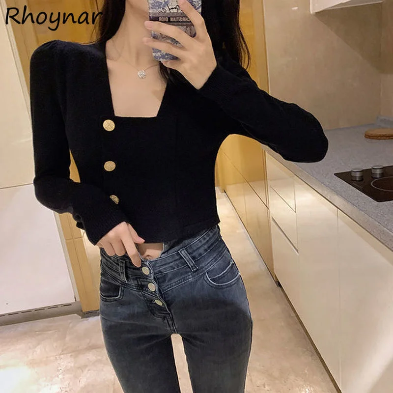 

Cardigan Women All-match Solid Stylish Single Breasted Hipster Slim Simple Cropped Female Autumn New Square Collar Elegant Ins