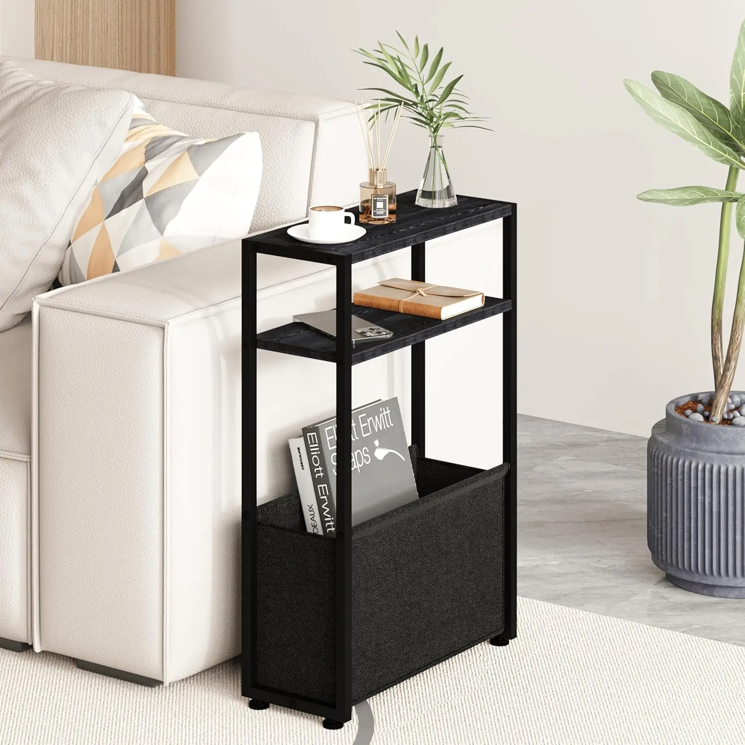 

Slim Side Table with Magazine Rack, Compact Bathroom and Bedside Table for Small Spaces in Living Room or Bedroom
