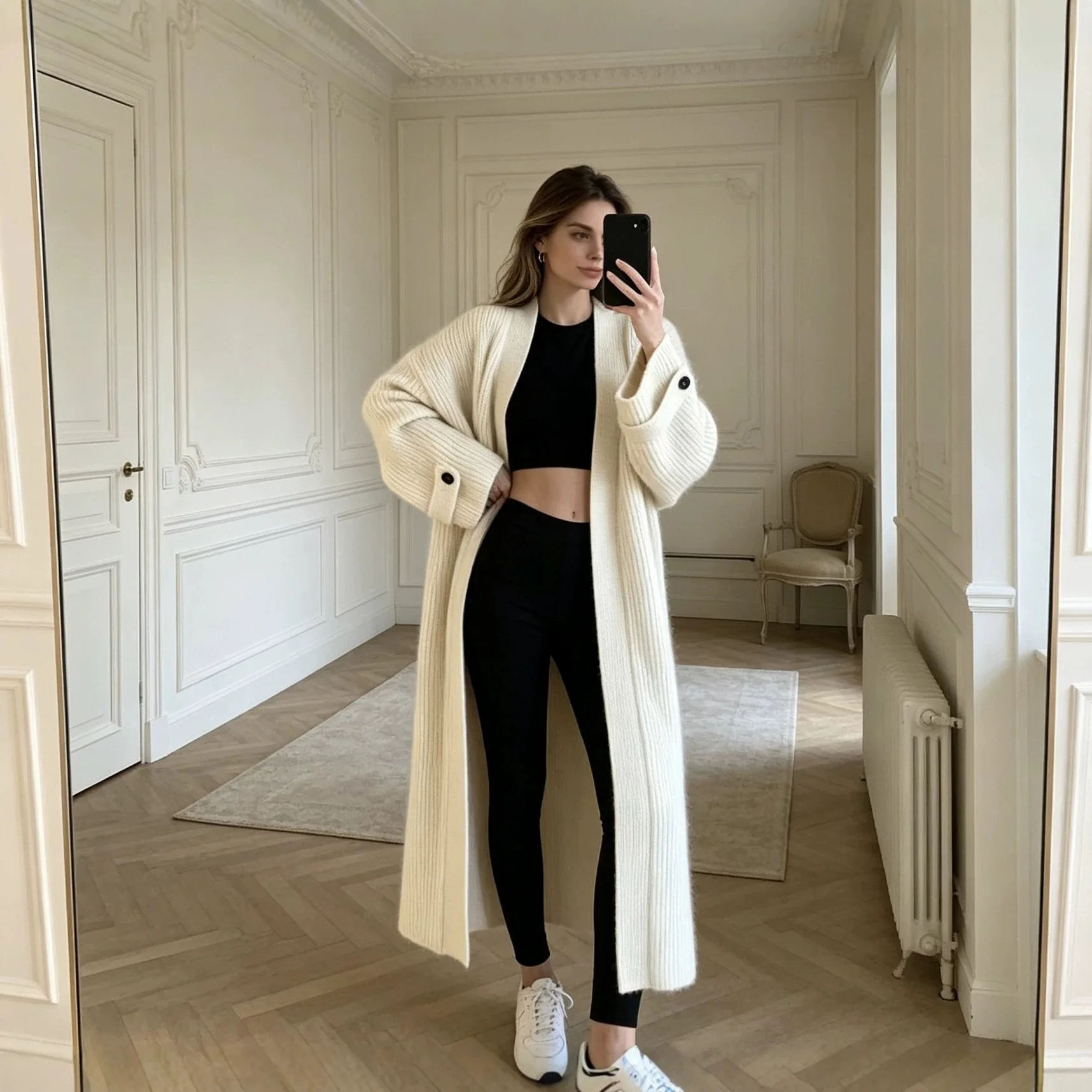 Women Long Open Front Knit Cardigan Oversized Loose Long Sleeve Solid Beige Soft Sweater Coat For Winter Casual Street Outfit
