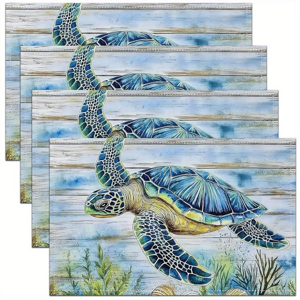 Sea Turtle Placemats Set of 4 Ocean Theme Wooden Background Table Mats Linen Decor Beach House Coastal Style Tableware