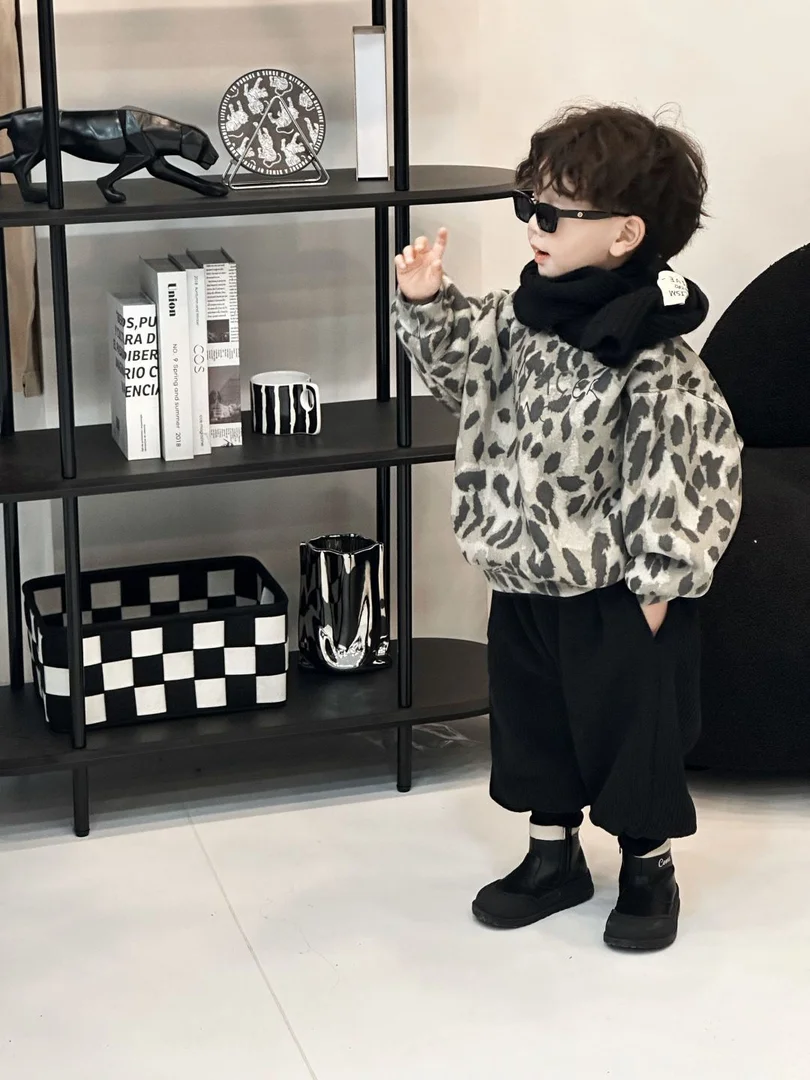 Baby Boys Children Christmas Leopard print Suits Sportwear Winter Kids Fashion Warm Plus Velvet Top Coat+Loose Pants 2Pcs Sets