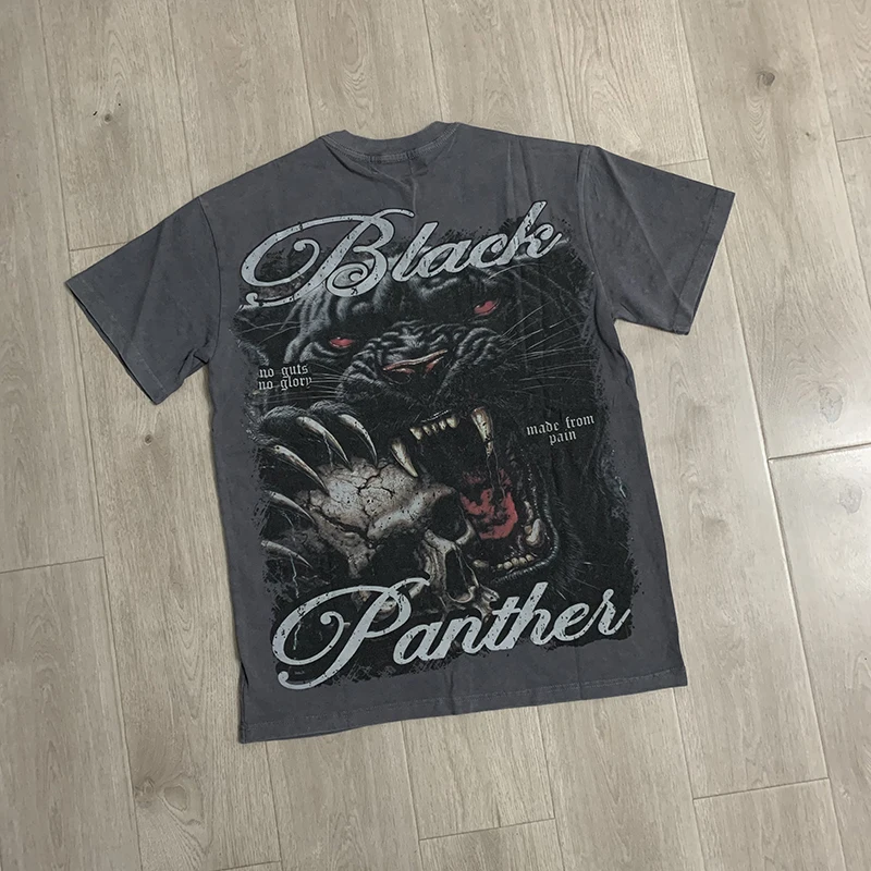 Majestik T-Shirt Streetwear Brand Vintage Wild Leopard Skull Print Men Women Washed Distressed Rhinestone Top