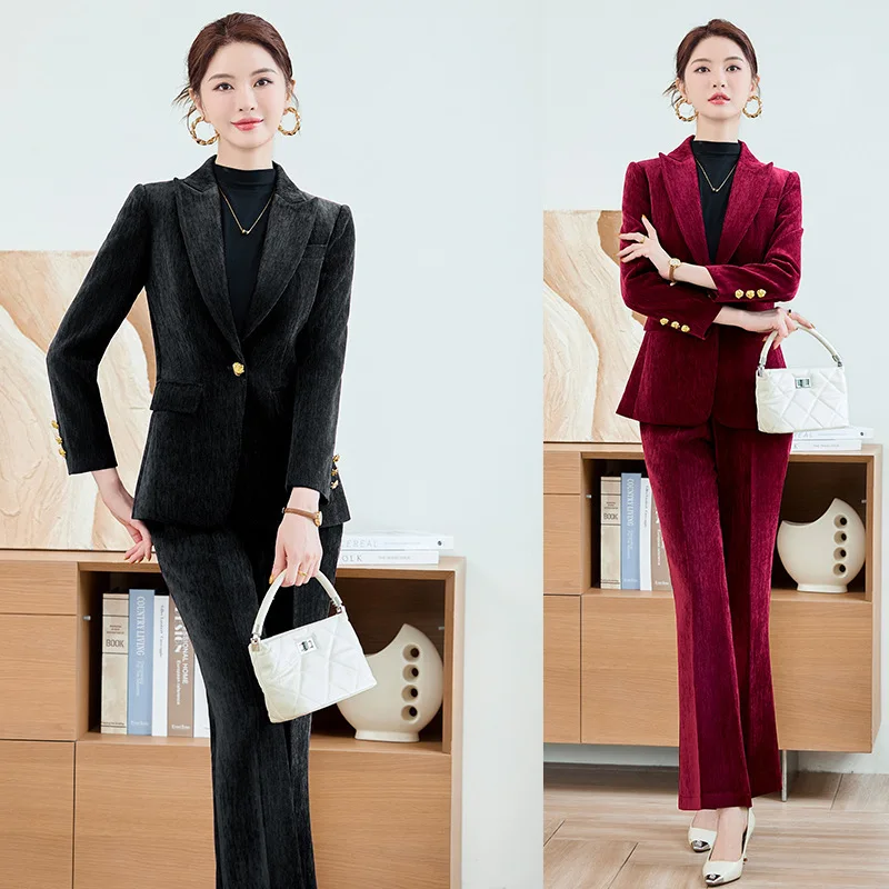 

Women's Black Thickened Warm Velvet Blazer Two-Piece Suit High-End Look Stunning Professional Outfit