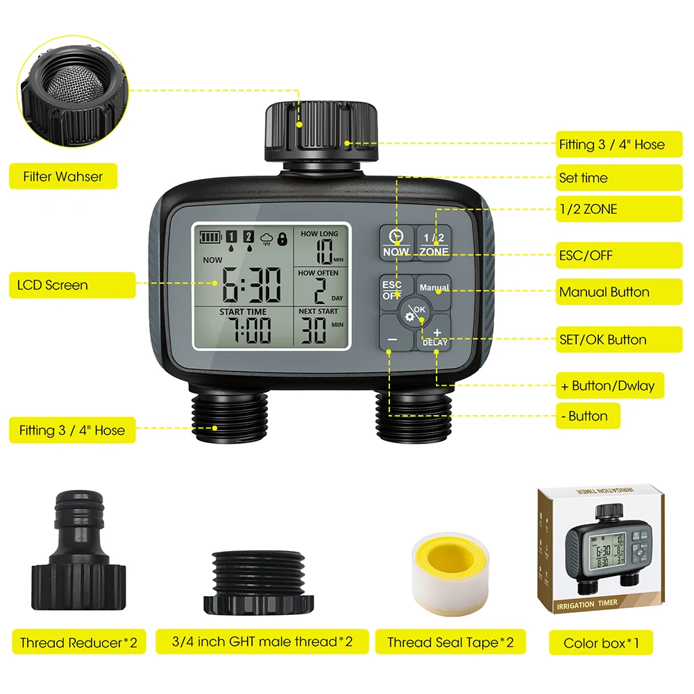2-Outlet Water Timer Garden Yard Irrigation Sprinkler Automatic Watering System LCD Programmable Valve Timer IPX5 Waterproof