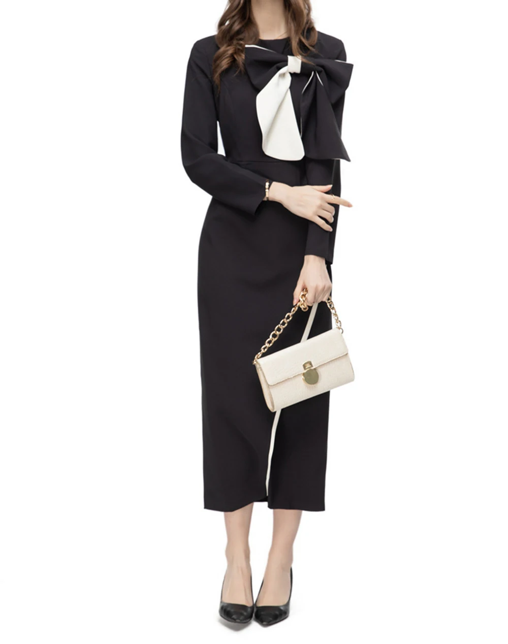 

Spring Summer Dress High Quality Women Bow Decoration Long Sleeve Bodycon Coat Elegant Dress-GZDL023