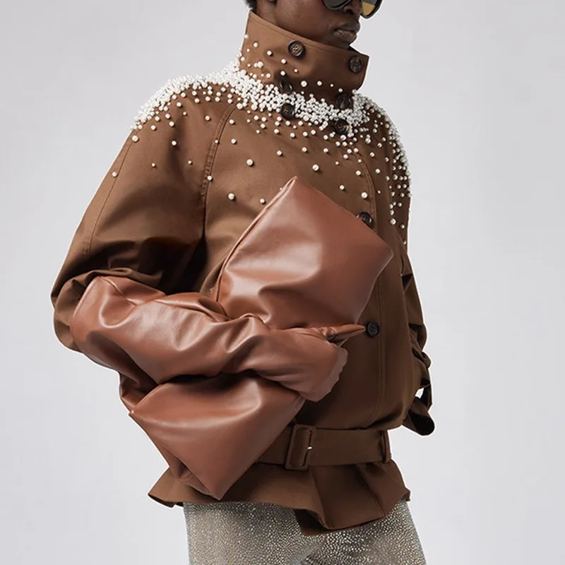 2026 Autumn New Women Vintage Stand Collar Jacket Heavy Pearl Beaded Design Loose Belted Fashion Female Outerwear Coat