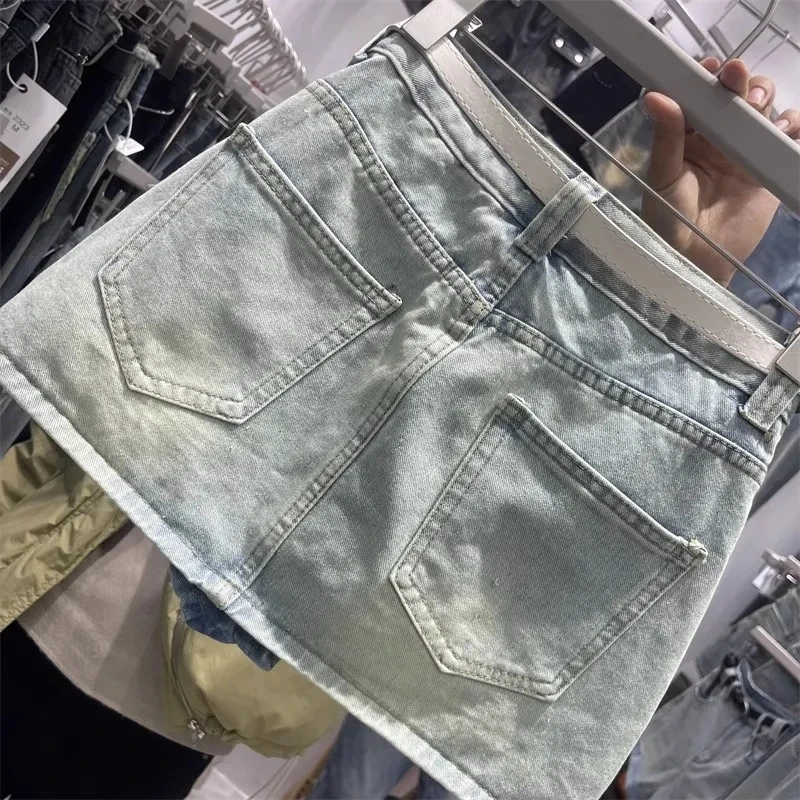 2025 Nuovo, Gonna di jeans corta con lettera piccante estiva per ragazza, Abbigliamento donna, Gonne azzurre a vita alta, Minigonna di jeans avvolta